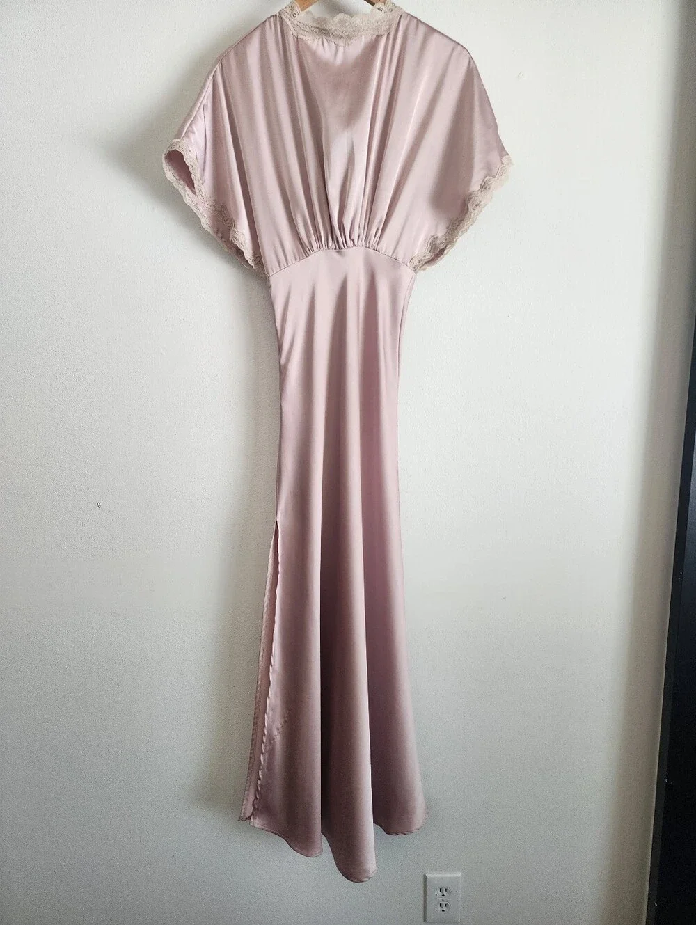Pink Satin Lace Maxi Dress Small V-Neck Flowy Gown by Dress Forum Los Angeles - Picture 9 of 15